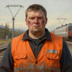 a russian railroad electrician!!!, male!!, wearing orange vest!!, siberia!!, portrait, dirty, fat, ugly, intricate, elegant, highly detailed, digital painting, artstation, concept art, wallpaper, smooth, sharp focus, illustration, art by artgerm and greg rutkowski and alphonse mucha