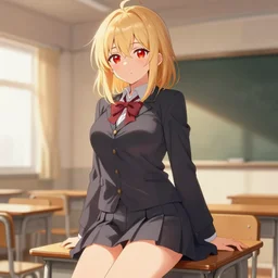 advanced digital anime art, a seductive female teen with red eyes and blonde hair that is to waist length wearing a dark grey school outfit sitting on a desk in a classroom at golden hour teasingly pulling her skirt. drawn by Shikamimi, WLOP,rossdraws