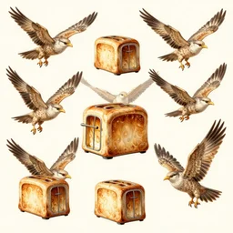 a hyper detailed illustration of a flock of flying toasters, with bird wings, elegant, illustration, digital painting, 8 k, fine detail, artstation, art by greg rutkowski, jack kirby, albert aublet, frank herbert, and alphonse mucha