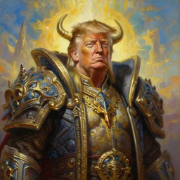 portrait oil painting, perfect expression, subconscious connects, purified consciousness, mad max donald trump maga king, fantasy character portrait, ultra realistic, wide angle, intricate details, world of warcraft, mass effect, artifacts, luminous skies, highly detailed, michael cheval, peter mohrbacher, boris vallejo, jessica rossier, oil painting, highly detailed, cinematic lighting, unreal, natural tpose