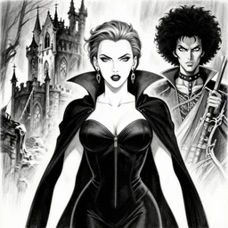 symmetrical scarlett johansson as a vampire, gothic castle in the background, scene by david finch afro samurai anime style, black and white, pencil and ink
