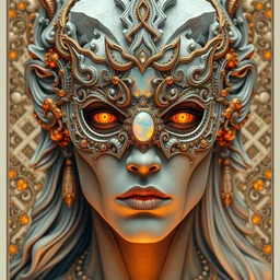 human portrait, face, wearing a carved mineral mask with tiny mineral incrustations, godness, ethereal, opal, elements, baroque, rococo, white + orange + ink + tarot card with ornate by marc simonetti, peter mohrbacher, cinematics lights, detailed, intricate illustration, octane render, fractal bacground, fine art, golden ratio, cyborg