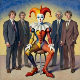 portrait of a morphed harlequin sitting on a stool by james jean and luc tuymans and vincent lefevre and hernan bas and pat steir and hilma af klint, psychological, dripping paint, fine grain gradient, high quality render, masterpiece