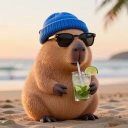 a photorealistic photograph of a knitted cute Capybara wearing sunglasses and dressed in a blue beanie cap. The Capybara is sipping out of a refreshing Mojito drink at the beach during sunset. The image is Trending on Artstation, featured on Behance, well-rendered, fine detail, extra crisp image, Unreal Engine, 4K HD