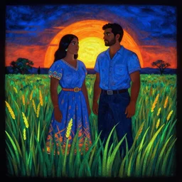 accurate fluorescent, mexican muralism by nacho carbonell. a beautiful illustration of a man & a woman in a field of tall grass with the sun setting behind them