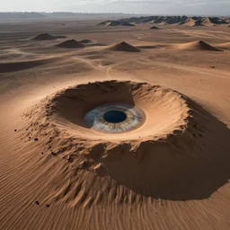 landscape photo of crater in desert that looks like a pupil surrounded by sand that looks like macro detail of an iris