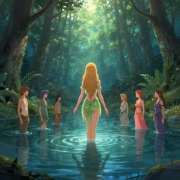 forest nymph rising from the water. view from behind, wide angle view, back view. nuri iyem, james gurney, james jean, greg rutkowski, anato finnstark, davinci, emma watson, gigachad. trending on artstation, starlight, and enchanted dreams. instagram photo shoot, trending on pinterest, correct hand