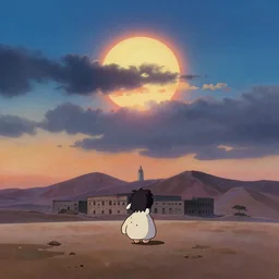 cute, dramatic sky, sun, desert mountains, morning, prison far away, gouache matte painting by pixar studio makoto shinkai subtle frazetta