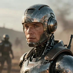 VFX movie of a futuristic robot mercenary closeup portrait in war zone, natural lighting by Emmanuel Lubezki
