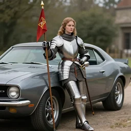 a photograph of joan of arc wearing armor and holding a pennant leaning on a muscle car