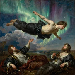 a detailed profile oil painting of a men floating over a toiled in ther air, aurora lighting clouds and stars by beksinski carl spitzweg and tuomas korpi. baroque elements. baroque element. intricate artwork by moebius. Trending on artstation. 8k
