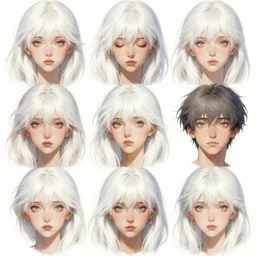 character face study, multiple angles, directions and moods. faces only, girl with white hair, concept art finely detailed perfect art, painted by shigenori soejima, krenz cushart, alphonse mucha, takato yamamoto, conrad roset, pinterest, cevagraf comics