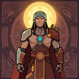 portrait of a future metaverse cyborg tech shaman warrior, 2D cartoon,  visionary art, symmetric, Magick symbols, holy halo, shipibo patterns, sci-fi, concept art, trending on art station