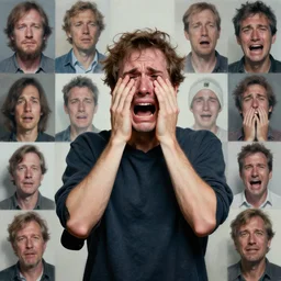 painter Greg Rutkowski surrounded by images which generated by AI, crying