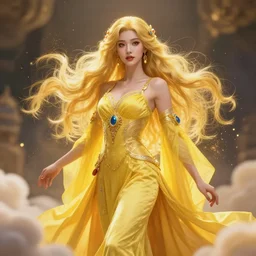 a beautiful female goddess of the yellow character, character is in all its glory, character is in her natural relaxed pose, rim lights, particles and dust in the air, fancy clouds, highly detailed professional photo, dynamic lights, particles are flying, depth of field, trending on artstation, professional illustration, hyper realistic, vray caustics, super detailed, colorful accents, cinematic shot