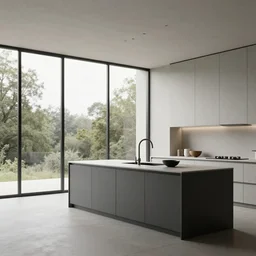 brutalist open kitchen, big windows, showing trees landscape on background, minimalist architecture, minimalist furniture, octane render, high quality, 8 k, post production