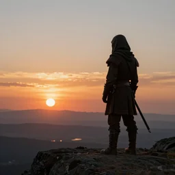 a lone tusken raider watching the sunset, by Antoine Collignon, luminous lighting, cinematic, panoramic, aspect ratio 1:3