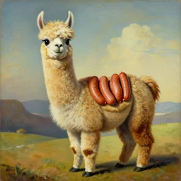 a surrealist dadaist funny detailed painting of an alpaca llama made out of frankfurter sausages. in the style of salvator dali