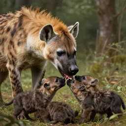 photo of a humanoid hyena with hyena head feeds hyena puppies in the forest, highly detailed, digital painting, artstation, smooth, sharp focus, illustration, art by artgerm and greg rutkowski and alphonse mucha