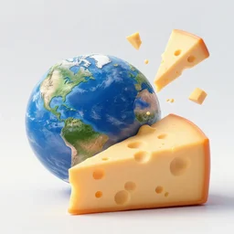 A big cheese colliding with the earth. Parts of the earth and the cheese flying out in space.