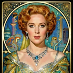 Gillian Anderson  as  the princess Wilma Deering  , buck rogers , a beautiful art nouveau portrait by Gil Elvgren, beautiful sci-fi city environment, front centred symmetrical composition, defined features, silver jewellery, stars in her gazing eyes