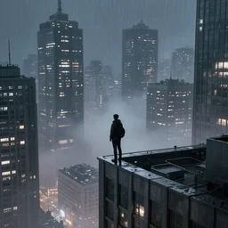 a person standing on a grey skyscraper looking over a dystopian city, fog, moody, realistic night lights, rain and haze, concept art, intricate, in the style of katsuhiro otomo, akira, unreal engine