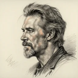 a realistic yet scraggly portrait sketch of the side profile of a stern and sophisticated willem dafoe with a beard, trending on artstation, intricate details, in the style of frank auerbach, in the style of sergio aragones, in the style of martin ansin, in the style of david aja, in the style of mattias adolfsson