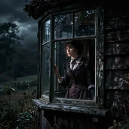 cathy outside heathcliff's window, dark, horror, dramatic, victorian era, very detailed, spectacular lighting, trending on art station