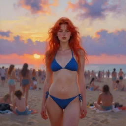 red haired girl, bikini, crowded beach surreal photography, sunrise, dramatic light, impressionist painting, colorful clouds, digital painting, artstation, simon stalenhag