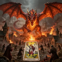 a medieval village being attacked by a giant fire dragon, digital art, high quality, 4k HDR, concept art, trending on DeviantArt, highly detailed, tarot card, fantasy style, dramatic lighting, cinematic, path tracing, low contrast