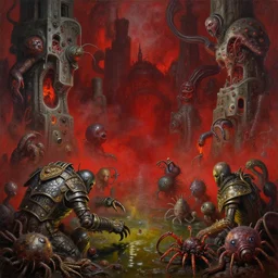 fine art oil painting varied muck jeweled, filthy, doubled, rugated armored pond animacules clawing & terrified as massive brutalist structures, claustrophobic cilia sporing pox, final battle failure, red mustard gas fog, by alex nino, francesco blanc, geof darrow, h r giger, hyper detailed, cinematic, ornate masterpiece, torch light shot