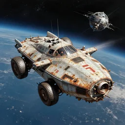 ussr, soviet, rusty, car izh 2 1 2 5!!! as a realistic scifi spaceship!!!, floating in space, thrusters placed instead of wheels!!, wide angle shot art by donato giancola and greg rutkowski, vintage retro scifi, realistic space, digital art, trending on artstation, symmetry!!!