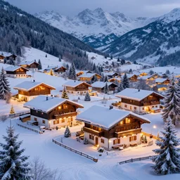 matte painting of winter skiing christmas mountain cottage szene in beautiful landscape in the bavarian alps, by albert whitlock, amazing details, beautiful composition, vibrant colors, bird eye view, luminescent, warm hue's