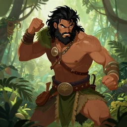 jungle warrior, male, brown skin, black messy hair, beard, badass, angry, fight, high fantasy, dnd, illustration, by rossdraws, alphonse mucha, frank fanzzeta