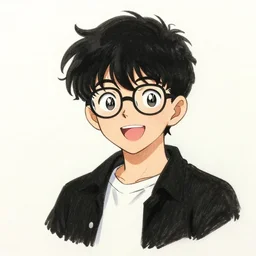 black-haired teenager with short curly hair, wearing glasses and a white shirt with a black jacket, he is chipper and excited. drawn by Yoji Shinkawa. character design