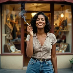 standing portrait of ecstatic solange knowles looking into the camera standing smoking a cigarette, summer, warm street lights store front, 1 9 6 0 s technicolor, intricate, moody, personal, highly detailed, short focus depth, donato giancola, joseph christian leyendecker, frank frazetta, alex horley, ralph horsley, michael whelan, 2 0 0 mm focal length
