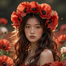 Illustration of a beautiful asian girl with freckles, wearing a flower headpiece made of red poppies, long flowy hair, surrounded by big flowers, porcelain skin, cinematic lighting, photo realistic, cinematic lighting, bokeh, warm lights, highly detailed, maya, digital painting, artstation, concept art, sharp focus, illustration, by Mucha, Raphael, Caravaggio, Beksinski, Giger