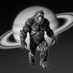 hyper detailed ultra sharp black and white of a bigfoot in space floating in front of saturn. trending on artstation, warpaint aesthetic, earthwave, colorful, psychedelic, ornate, intricate, digital painting, concept art, smooth, sharp focus, illustration, art by artgerm and greg rutkowski and h. r. giger, 8 k