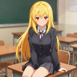 advanced digital anime art, a seductive female teen with red eyes and blonde / yellow hair that is to waist length wearing a dark grey school outfit sitting on a desk in class. drawn by Shikamimi, WLOP,rossdraws
