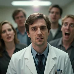 zach braff as the doctor in idiocracy film, all faces are distorted contorted, shock, repulsion, anger, laughter, smirk, cinematic still, movie still, long lens, shallow depth of field, bokeh, anamorphic lens flare, 8 k