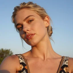 vintage photograph of an olive skinned blonde female model in her twenties, her hair pinned up, wearing a designer top, looking content, focused on her neck, photo realistic, extreme detail skin, natural beauty, no filter, slr, golden hour, 4 k, high definition, selfie