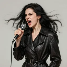 portrait of a long black haired woman angrily screaming into a microphone, hair blowing in wind, leather trench coat, intricate, elegant, highly detailed, digital painting, artstation, concept art, smooth, sharp focus, illustration, art by artgerm and greg rutkowski and alphonse mucha, 8 k