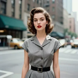 Kodachrome of a young fashionable woman in 1950s New York