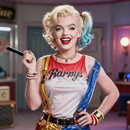 A modern color photograph of Marilyn Monroe portraying Harley Quinn in 2022