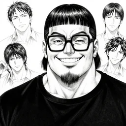 highly detailed ink illustration of a buff smiling man with long stubble, muscular neck, big square glasses and a black bowl cut, wearing a black tshirt, b & w clean shaped manga illustration by kim jung gi, ron english, junji ito and eiichiro oda