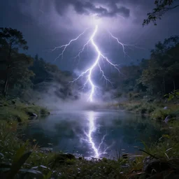 an amazing view of a little pond, etheric lightning, matte painting, swirls of smoke and mist, high definition camera