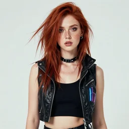 photo of a twenty year old woman in cyberpunk fashion by bob ross, red hair, freckles