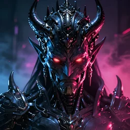 a dark sci fi close up portrait of biomechanical evil lord with a massive intricate headdress, cinematic lighting, smooth, high detail, dark fantasy, unreal engine, octane render, by vitaly bulgarov artstation, bold color scheme, sense of action, fog volumes, vivid color glow, post processing, cgsociety, trending on artstation