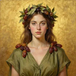 epic painting, full figure portrait of beautiful goddess wearing olive shirt with with sweet dried dates fruits, medjool dates, dried dates,, tea leaves bridal crown, golden glow background, drawing, photography by amy leibowitz, wlop, jeremy lipkin, beeple, brown hair, symmetrical front facing portrait, artgerm