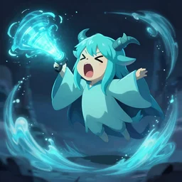 cyan cute spirit axie pet screaming like a banshee, acoustic waves, sonar, fantasy, studio ghibli, style artstation, style greg rutkowsk, octane render, unreal engine 6, epic game graphics, fantasy, conceptual art, ray tracing